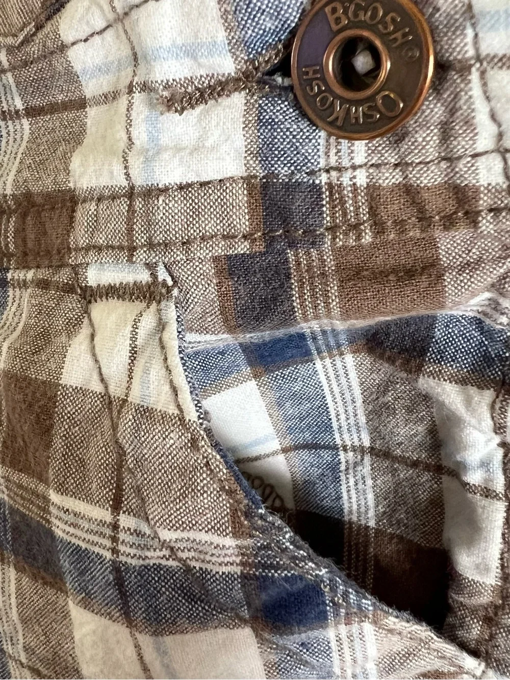 OshKosh B'gosh Brown, Blue and White Plaid Cotton Kids Overalls Shorts Boy 18M